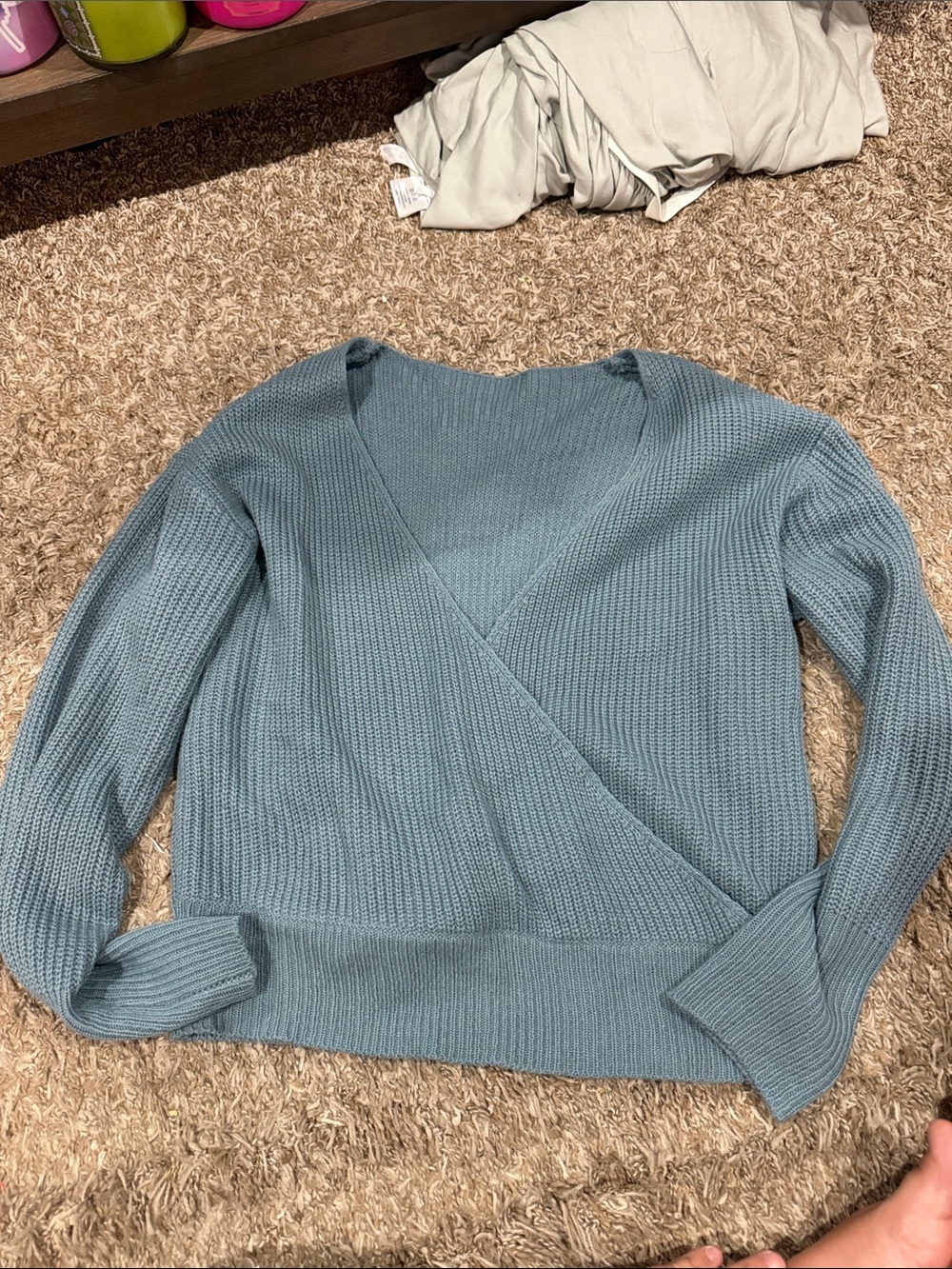 Womens Light Blue Wrap-Front Knit Sweater